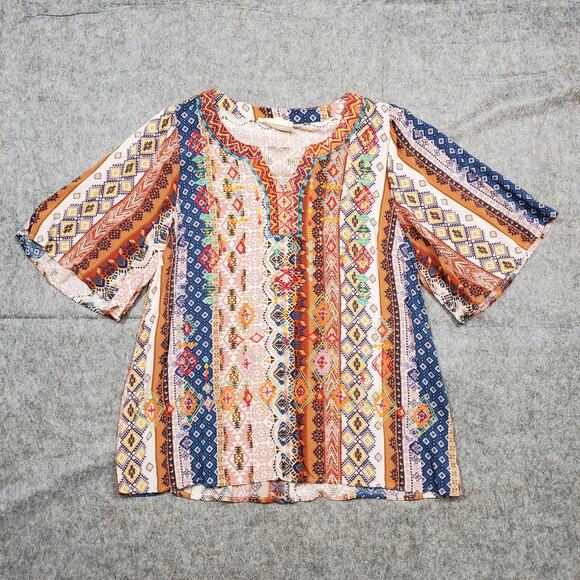 Savanna Jane Top Womens Large Aztec Western Southwestern Boho Prairie Wide Slv - Picture 1 of 9